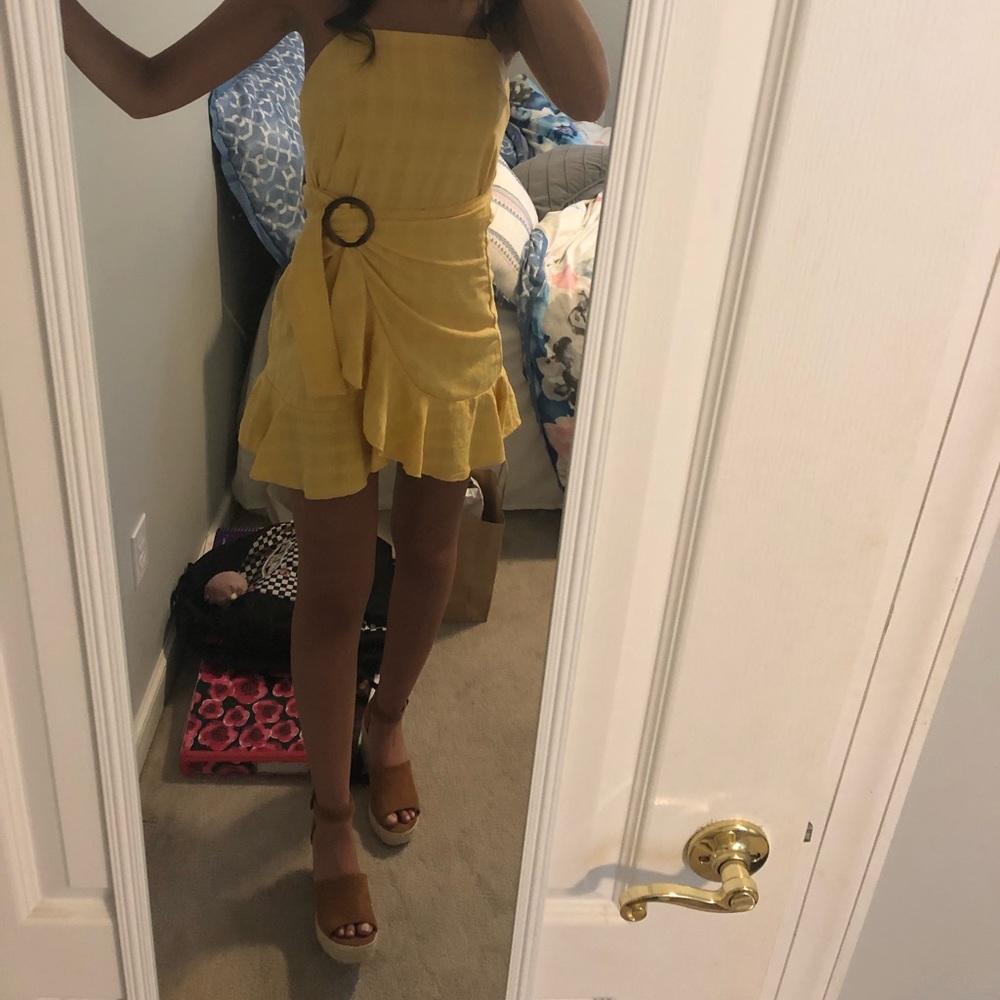 yellow wrap front cami dress